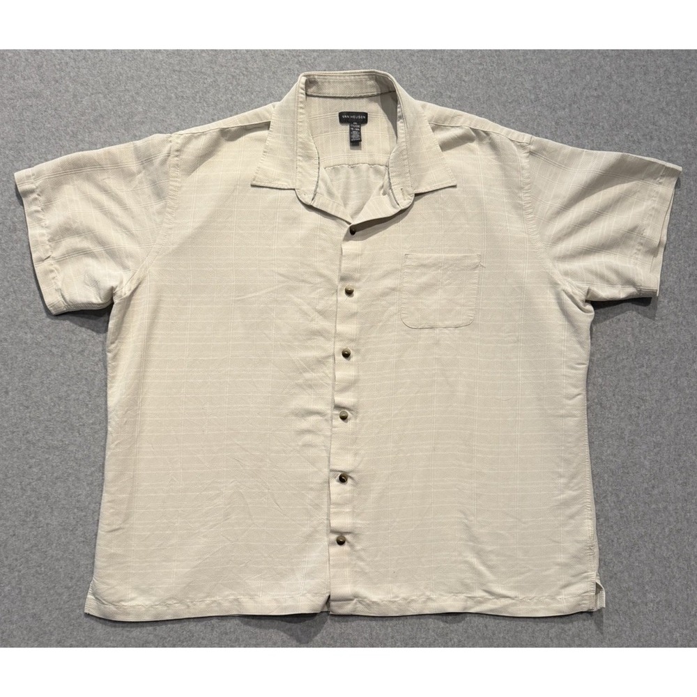 Van Heusen Shirt Mens 2XL Cream Stripe Short Sleeve Button Down Oxford Casual